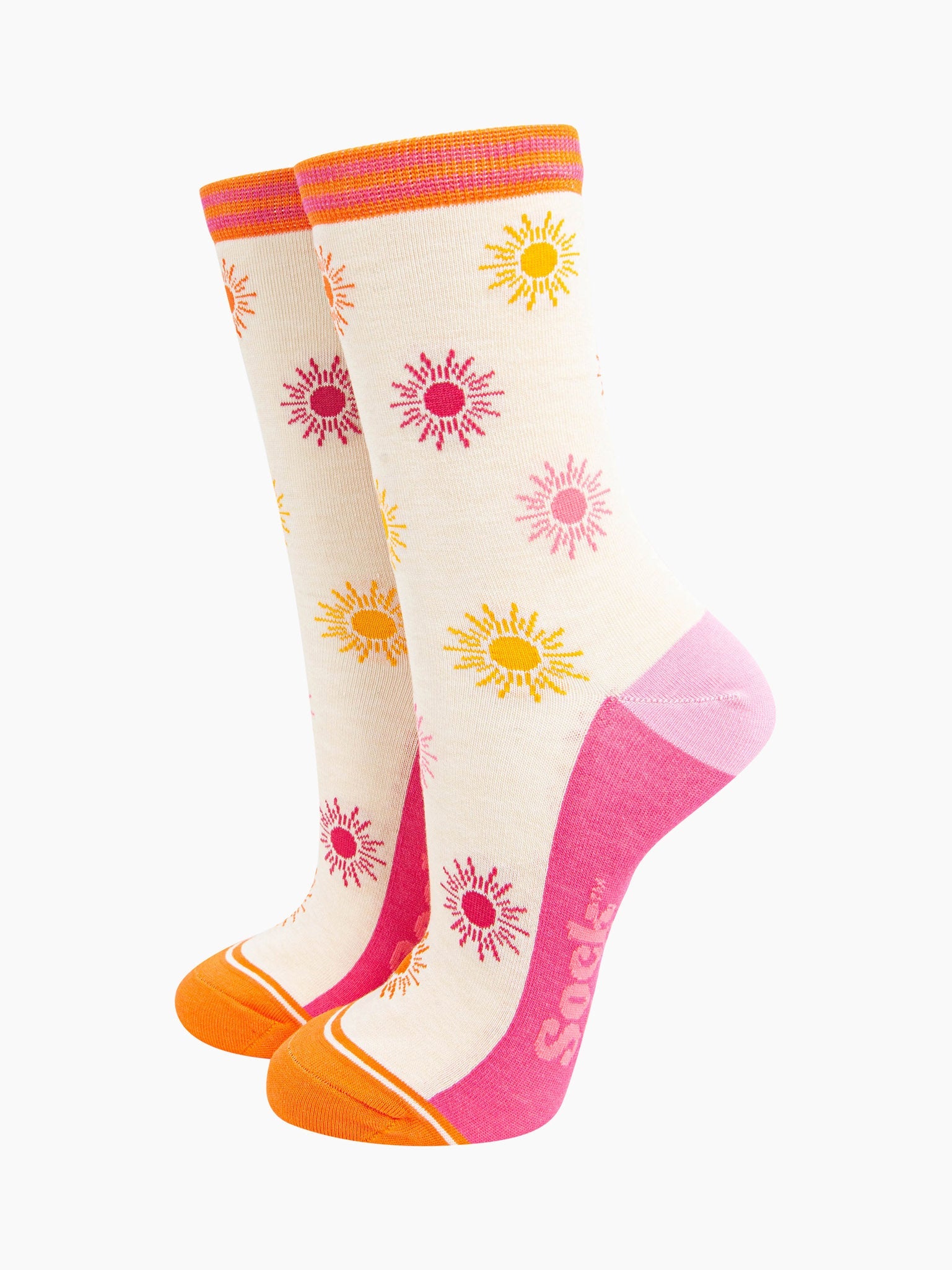 womens-bamboo-socks-cream-multi-sunshine-repeat-patter-yellow-pink-orange-suns