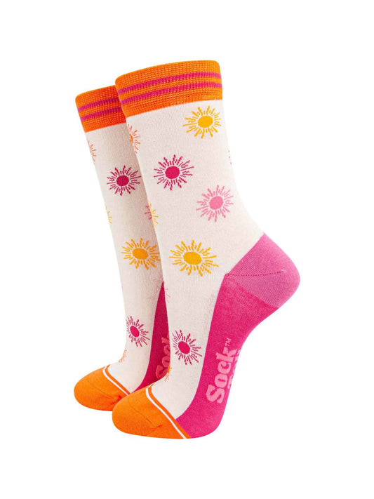 womens-bamboo-socks-cream-multi-sunshine-repeat-patter-yellow-pink-orange-suns