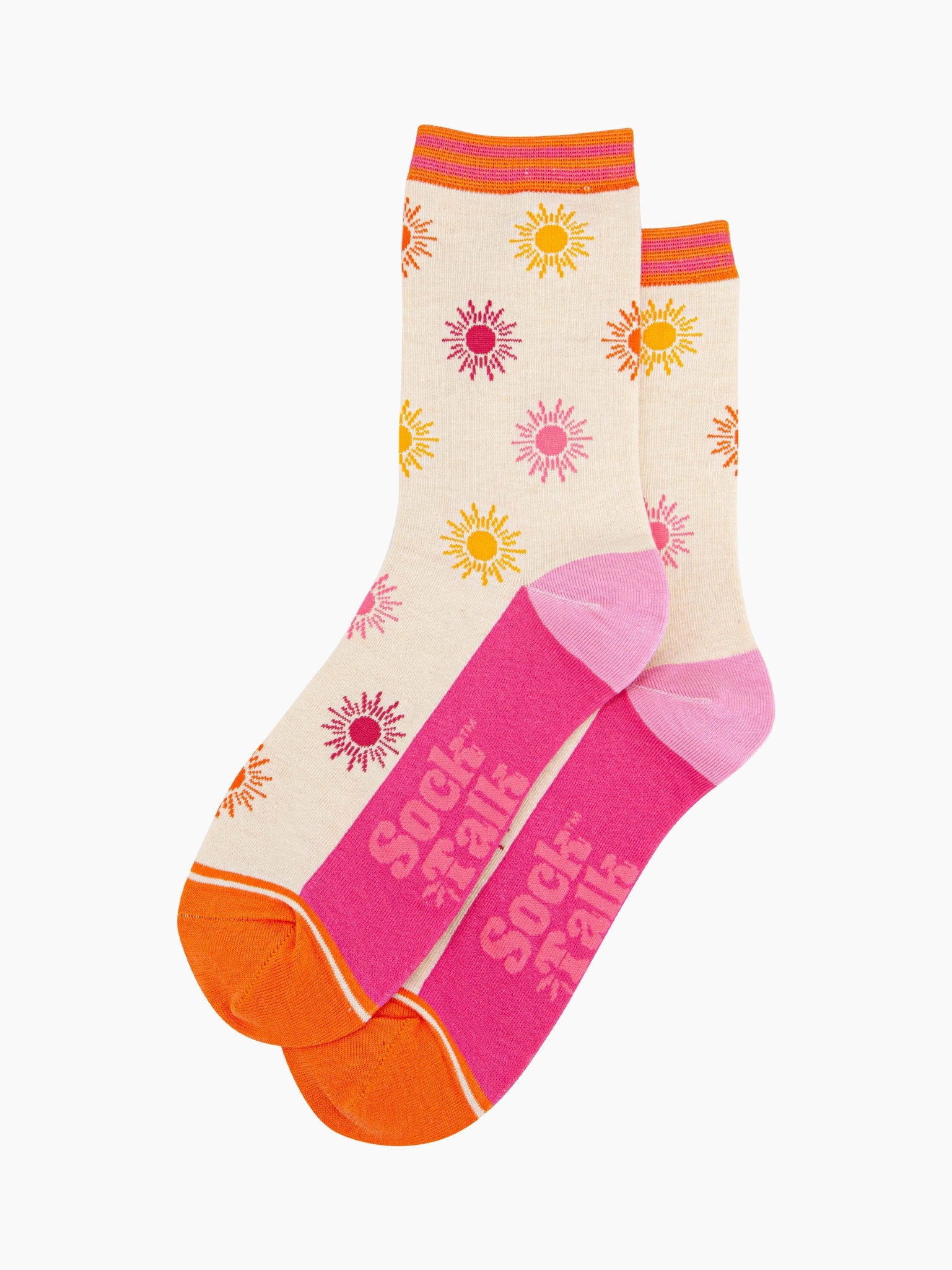 womens-bamboo-socks-cream-multi-sunshine-laying-flat-coloruful-sunshine-pattern-covers-the-socks
