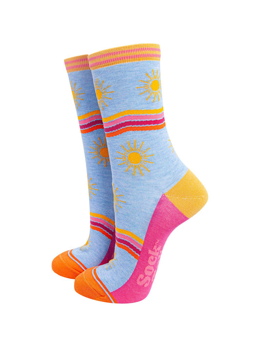 womens-bamboo-socks-blue-sunshine-wavy-stripes-pattern-bold-yellow-suns-wavy-rainbow-stripes