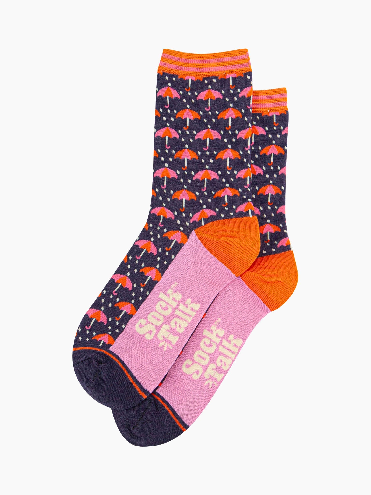 womens-bamboo-socks-navy-umbrellas-and-raindrops-laying-flat-wet-weather-raining