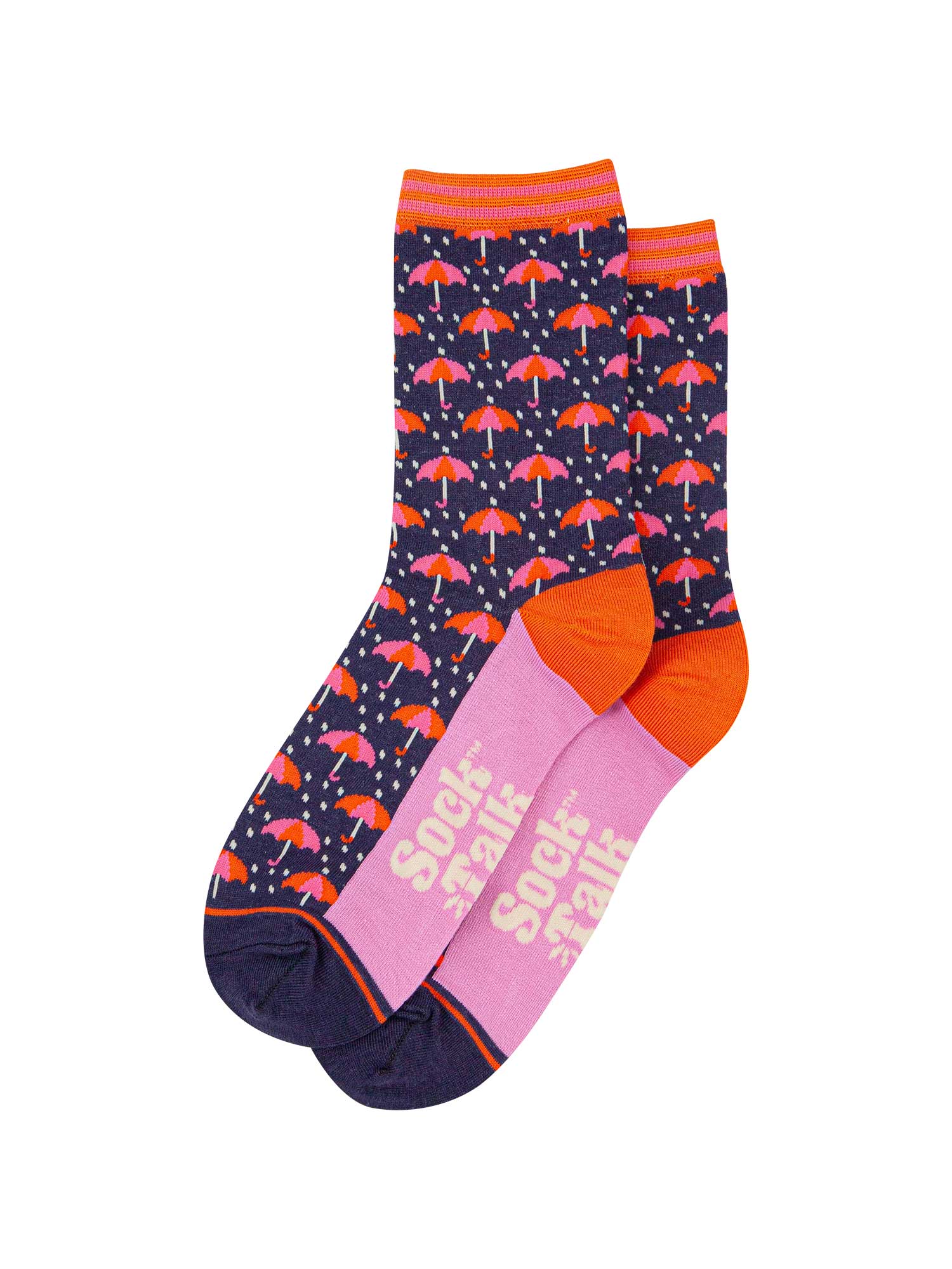 womens-bamboo-socks-navy-umbrellas-and-raindrops-laying-flat-wet-weather-raining