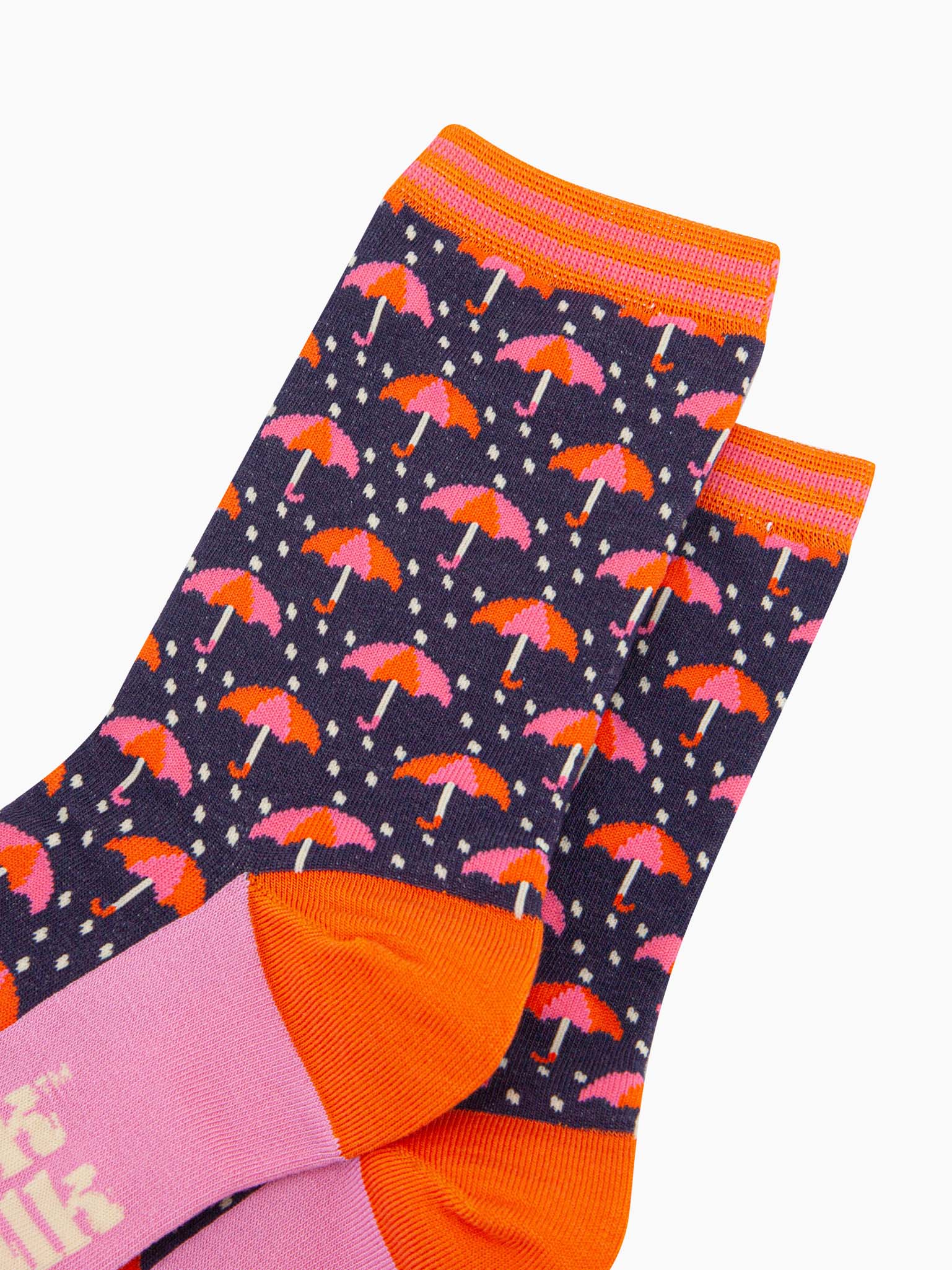 womens-bamboo-socks-navy-umbrellas-and-raindrops-close-up-pink-orange-umbrellas-heavy-rain