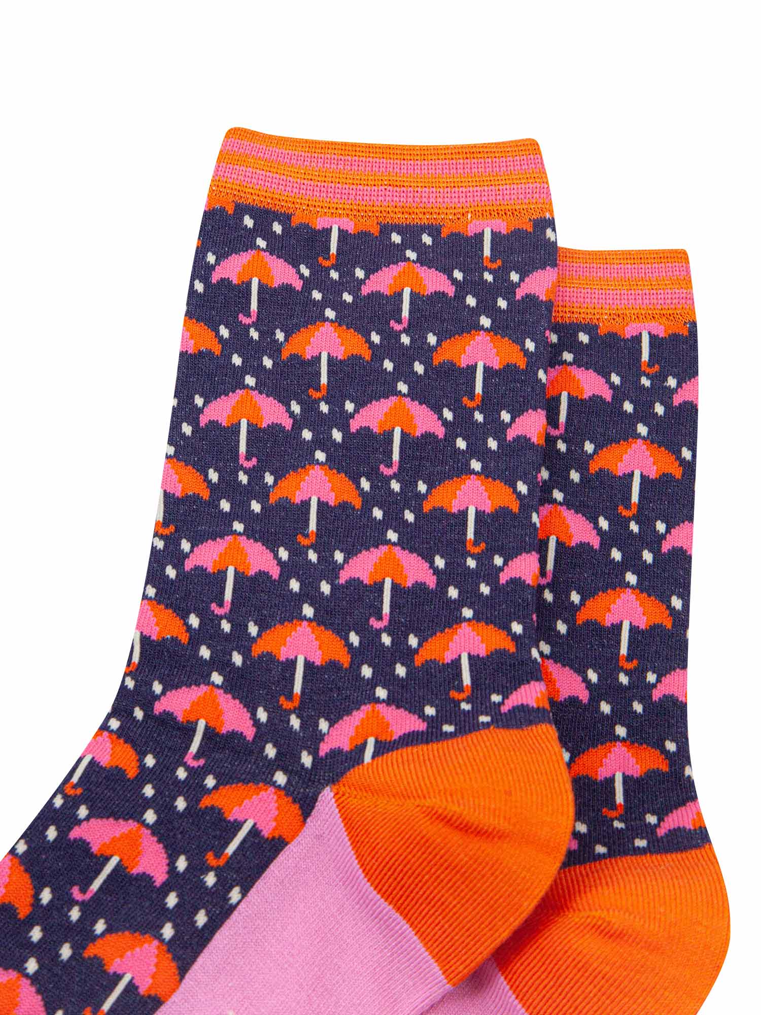 womens-bamboo-socks-navy-umbrellas-and-raindrops-close-up-pink-orange-umbrellas-heavy-rain