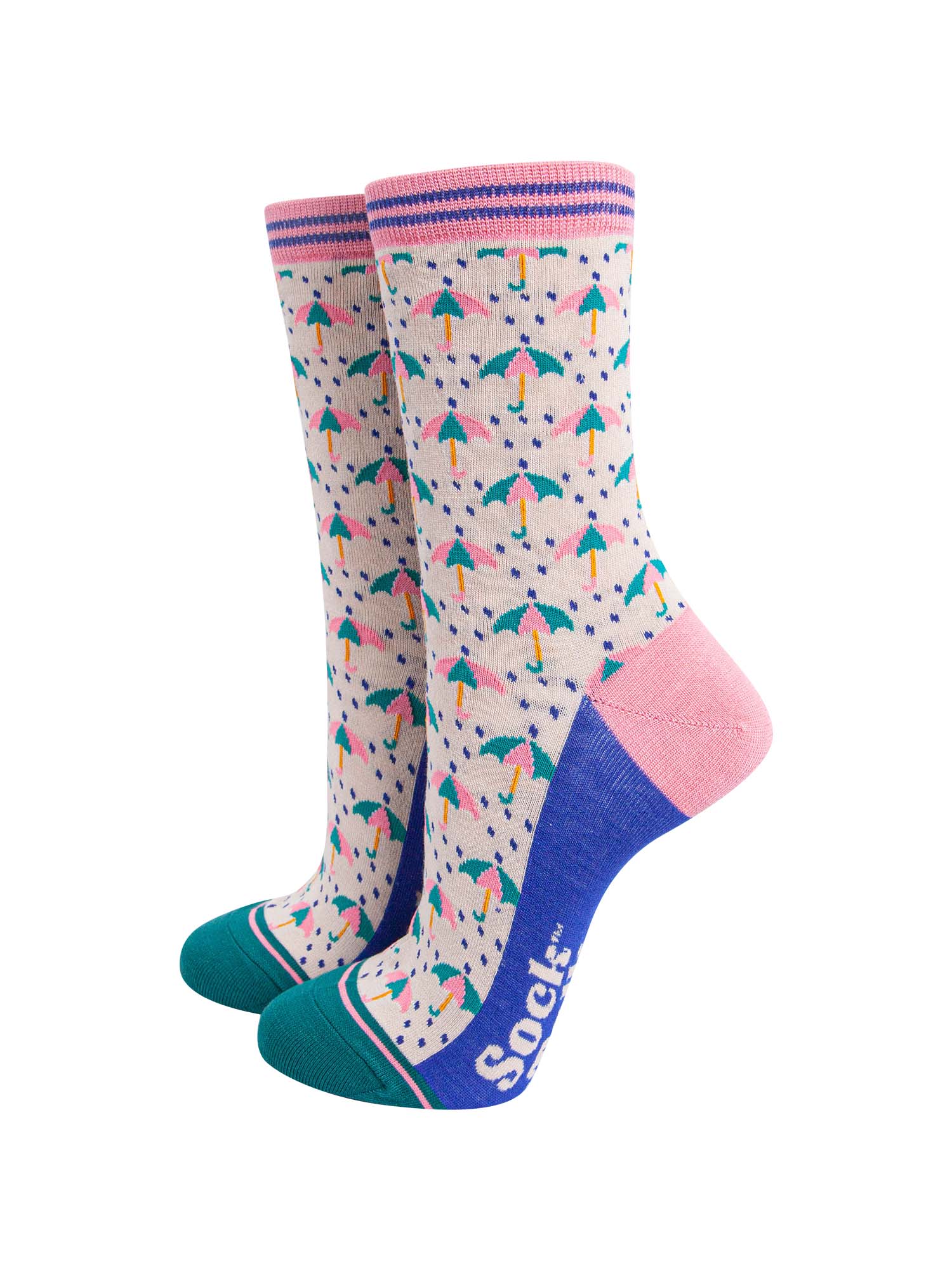 womens bamboo ankle socks with an all over pink and green umbrella and rain print pattern