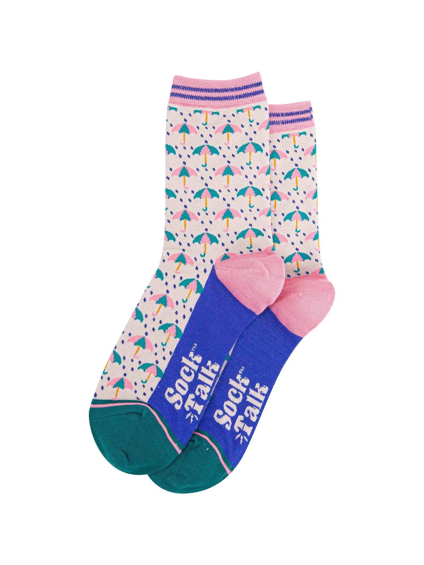 cream, pink and blue bamboo socks with an all over rainy day umbrella pattern