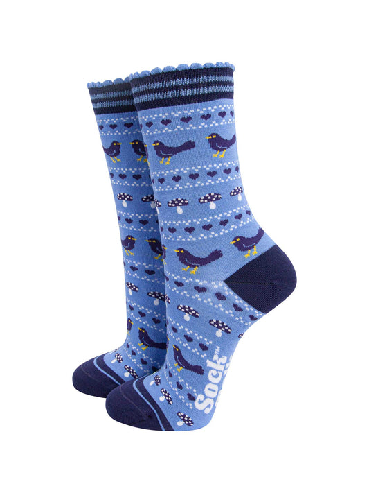 womens-bamboo-socks-denim-blue-navy-blue-blackbird-fair-isle-woodland-animals