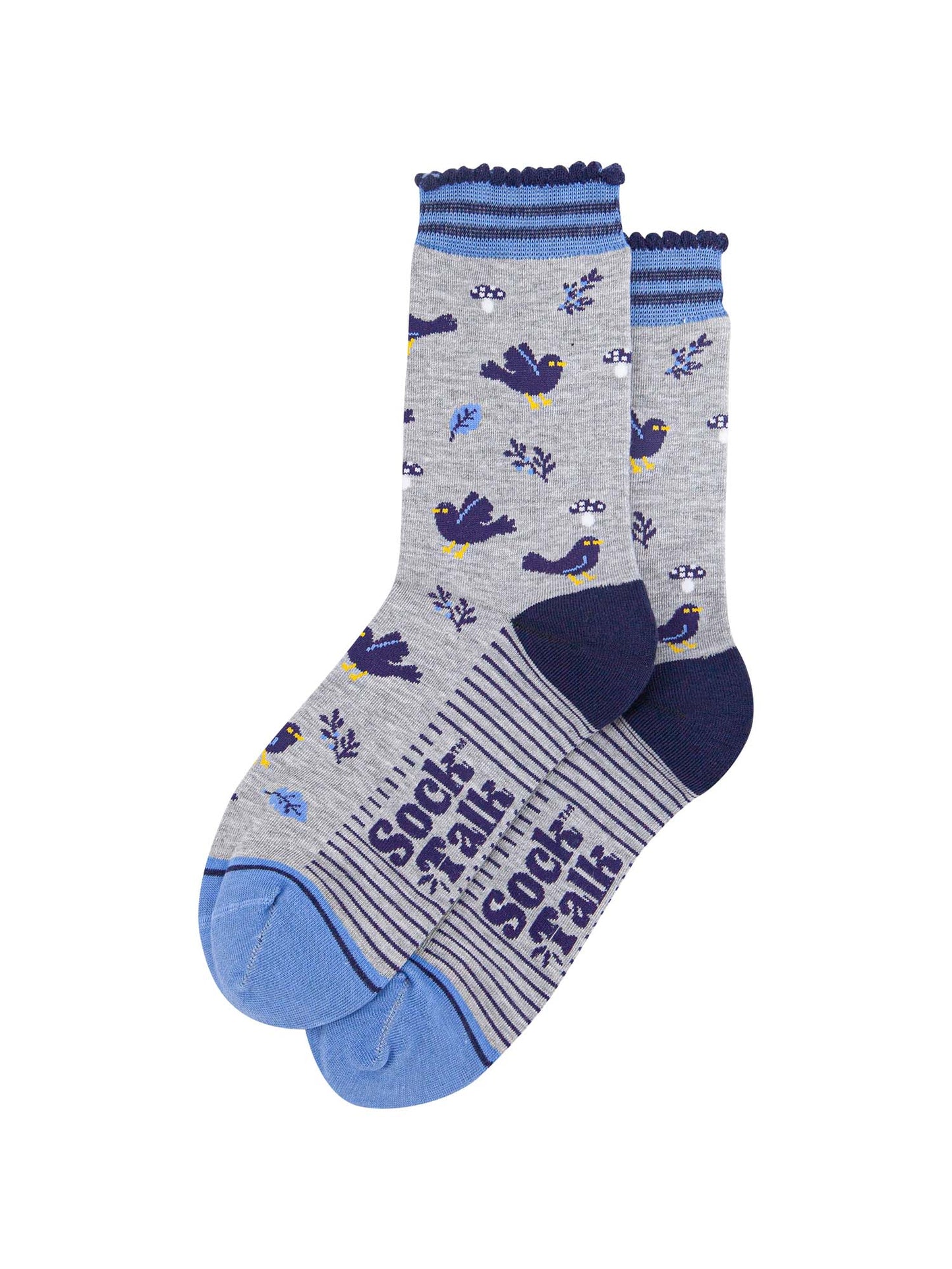 womens-bamboo-socks-light-grey-denim-blue-blackbirds-laying-flat
