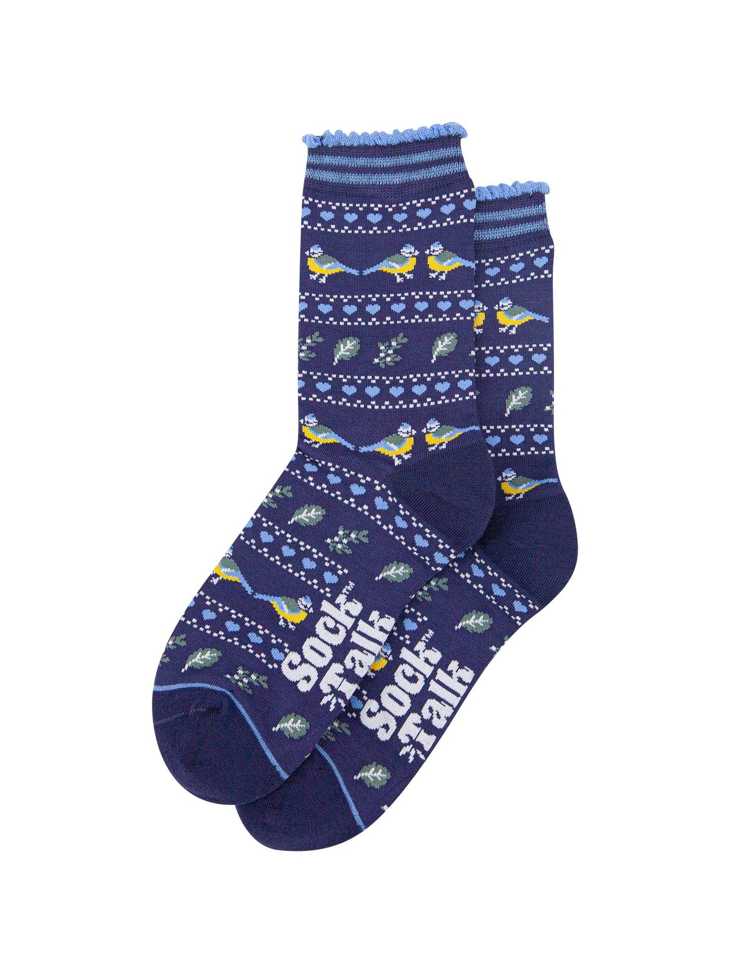 womens-bamboo-socks-navy-blue-blue-tit-fair-isle-laying-flat