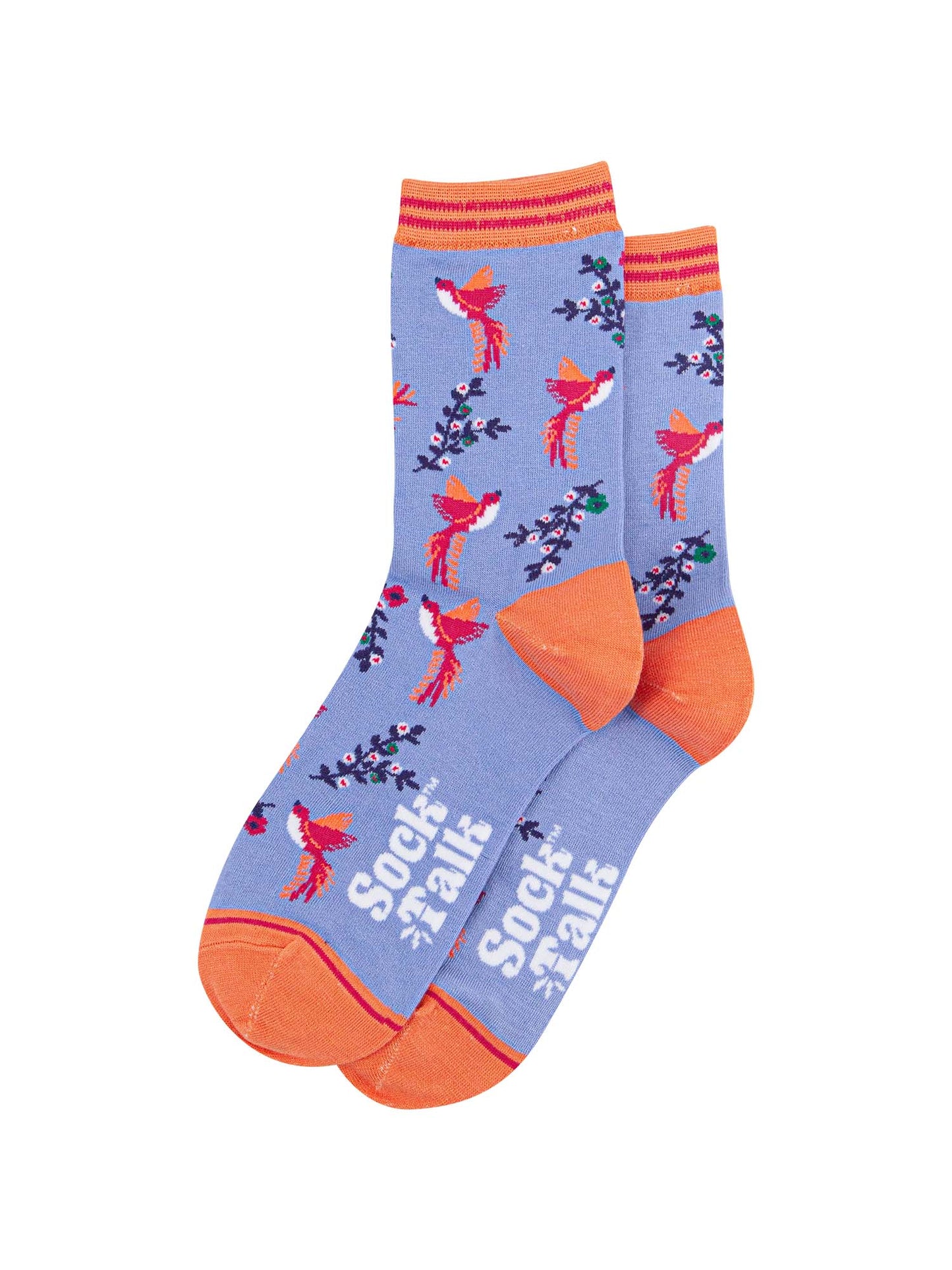 blue bamboo socks with pink hummingbirds and navy blue floral vines
