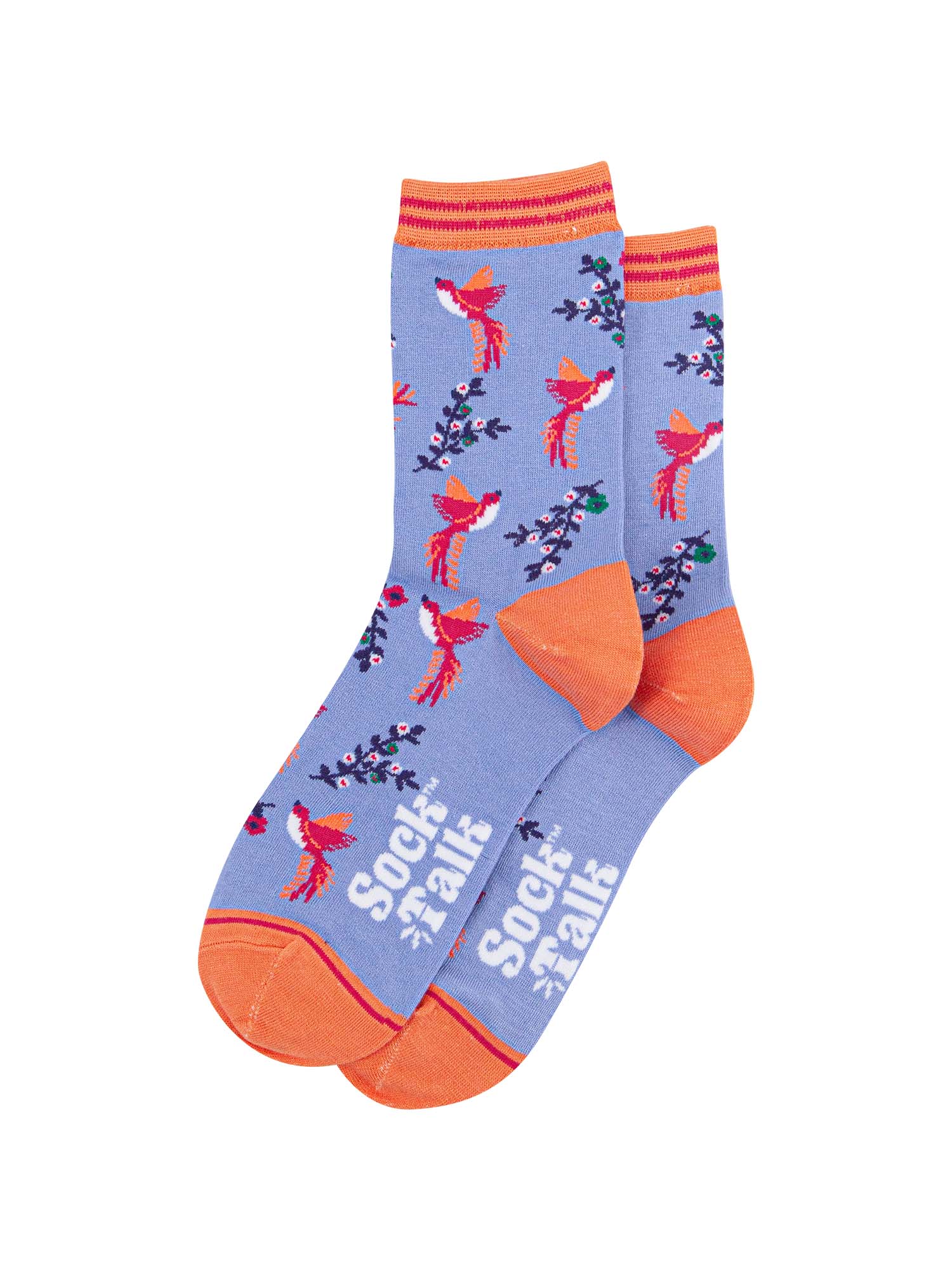 blue bamboo socks with pink hummingbirds and navy blue floral vines
