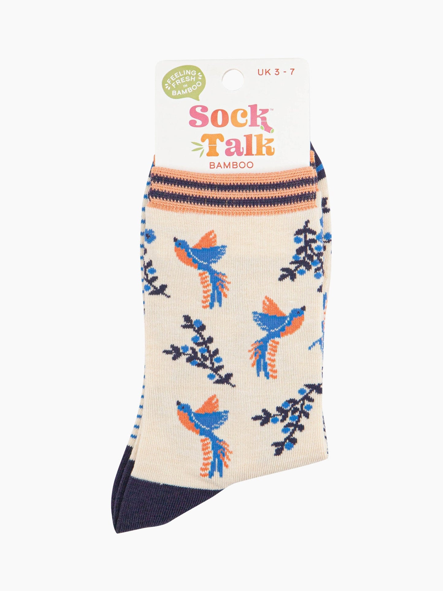 women's cream hummingbird bamboo socks n their sock talk packaging. The socks are a uk size 3-7.