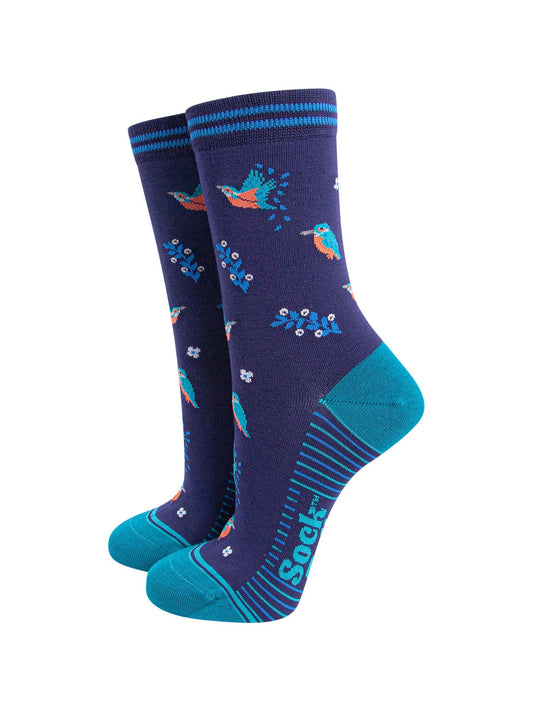 womens-bamboo-socks-navy-blue-teal-kingfishers-birds