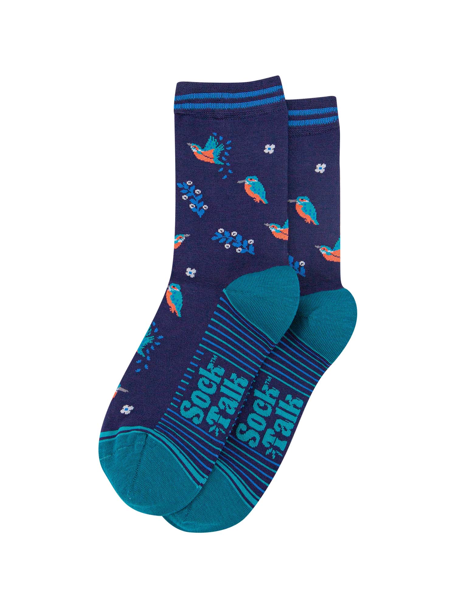 womens-bamboo-socks-navy-blue-teal-kingfishers-laying-flat