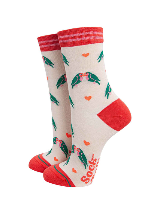 cream and pink bamboo ankle socks featuring kissing love birds and pink love hearts