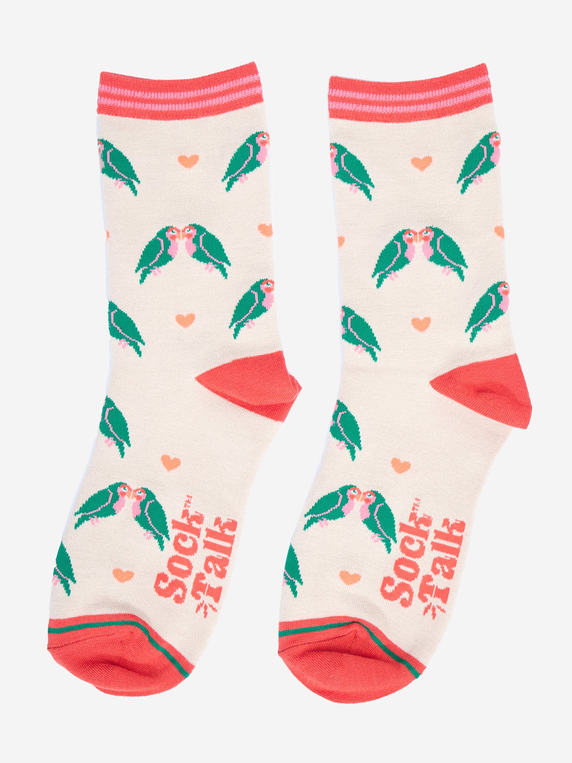 showing the love bird socks laying flat, the pattern of the love birds and love hearts is all over the socks