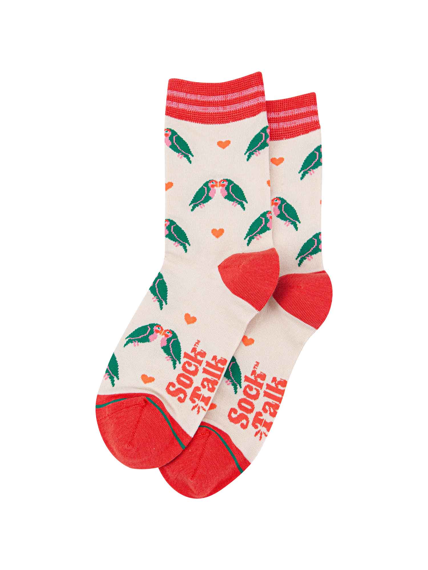 showing the love bird socks laying flat, the pattern of the love birds and love hearts is all over the socks