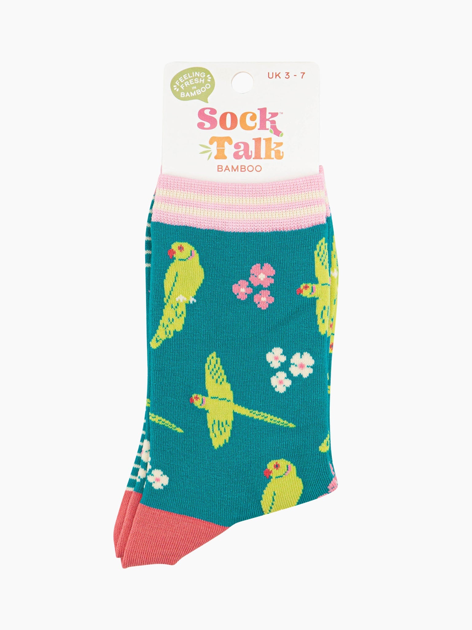 women's teal ring necked parakeet bamboo socks in their sock talk packaging. The socks are a uk size 3-7.