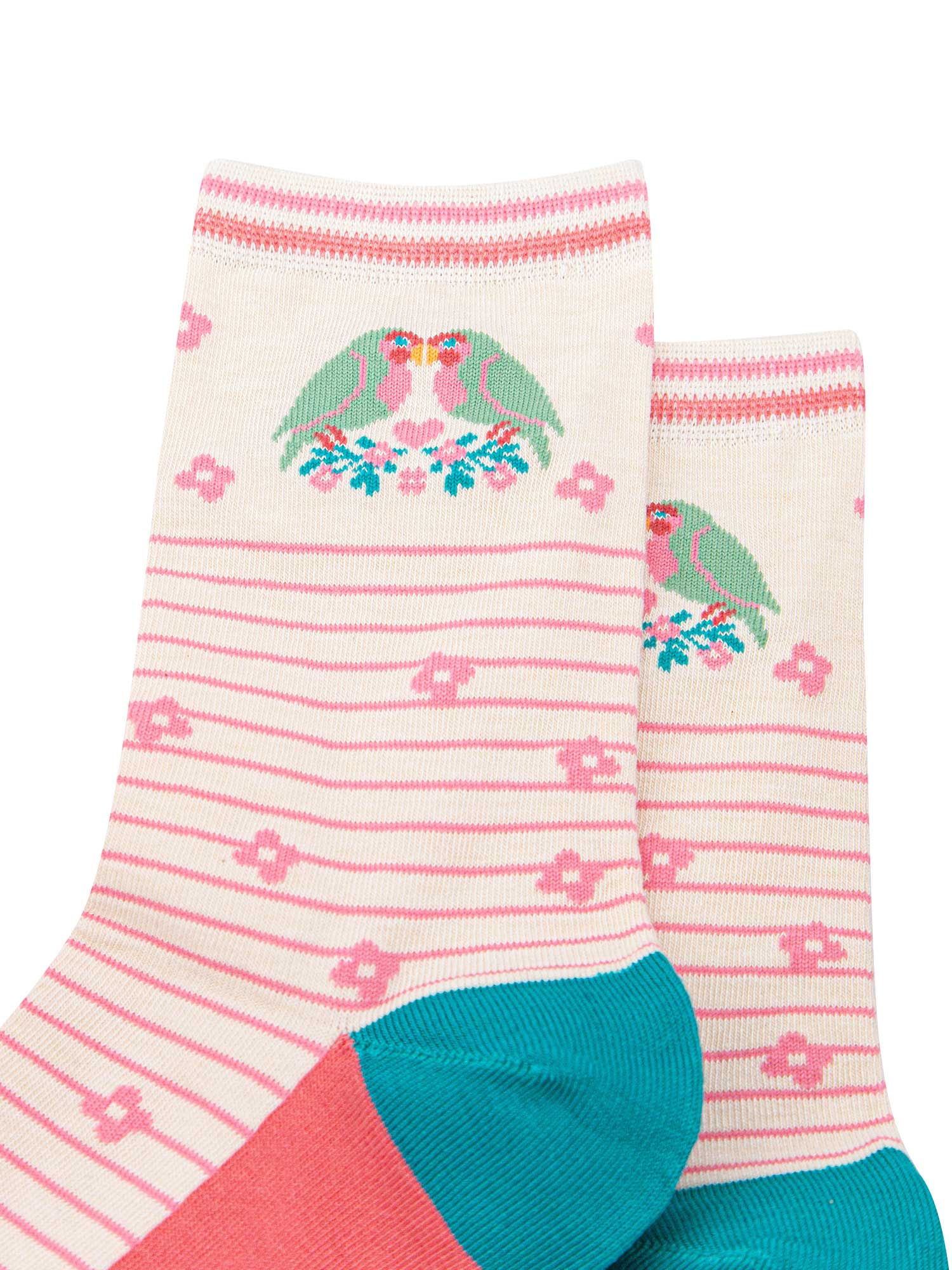 close up of the pattern. there are two green and pink love birds kissing with their beaks. they are perched on a branch of blue leaves and pink flowers. in between the love birds there is a pink love heart.