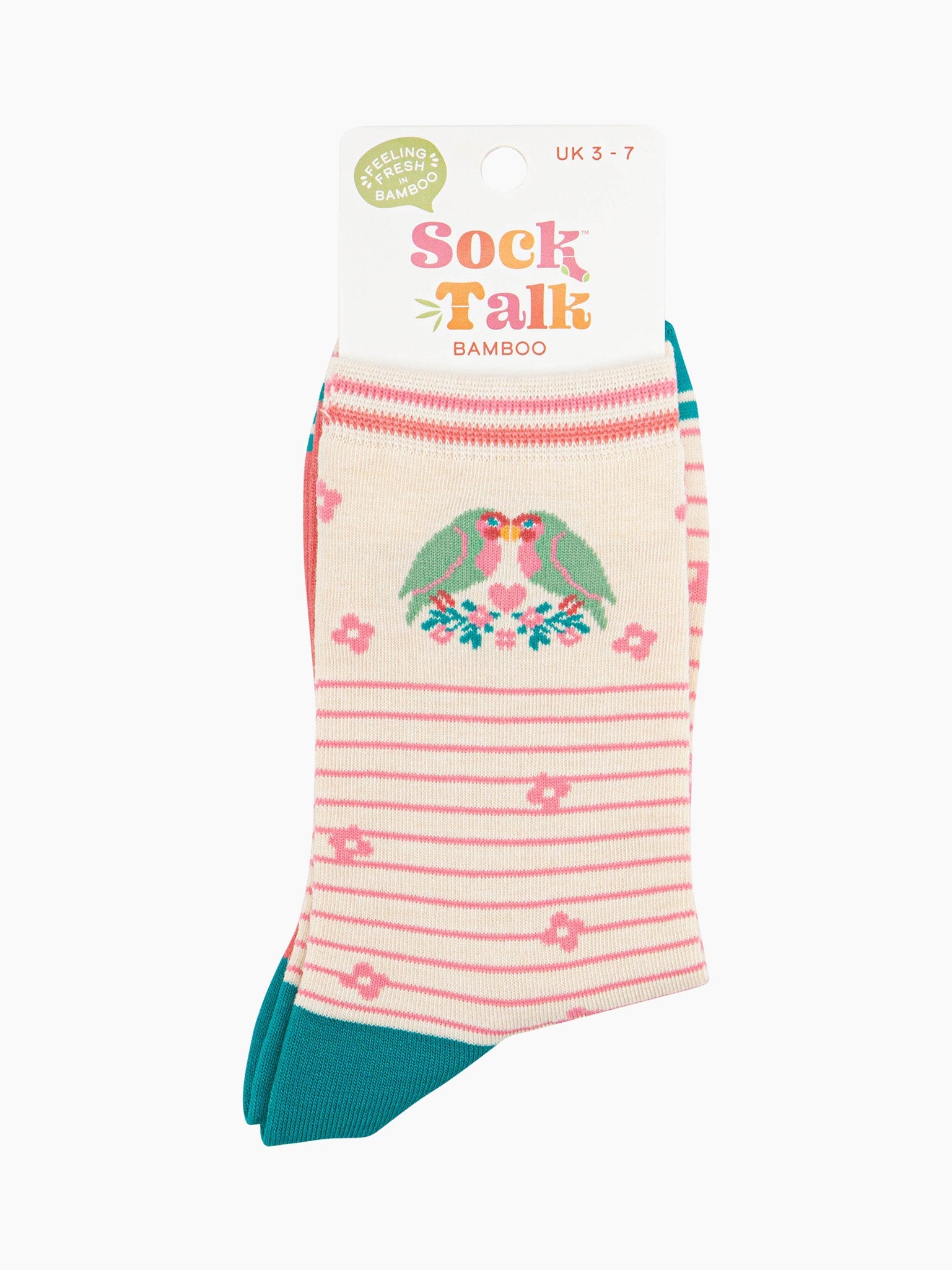 cream lovebird striped socks in  their sock talk packaging. The socks are a uk size 3-7.