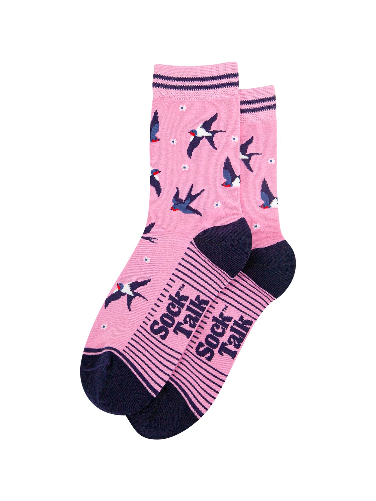 Blue-Swallow-Bird-Bamboo-Socks-in-Pink-Laid-Flat