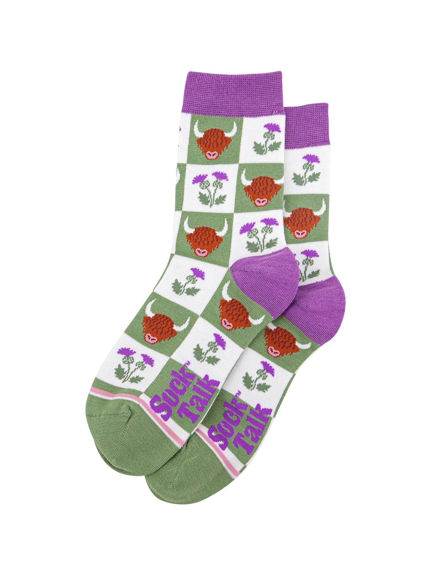 Highland-Cow-Thistle-Checkerboard-Bamboo-Socks-in-Green-Laid-Flat