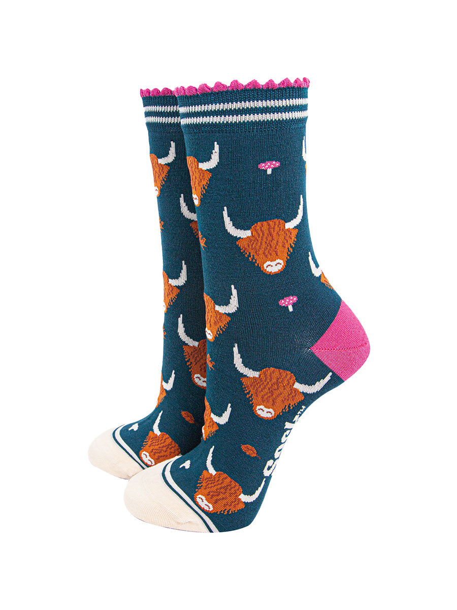 womens-bamboo-socks-forest-green-cream-highland-cow-leaves-toadstools