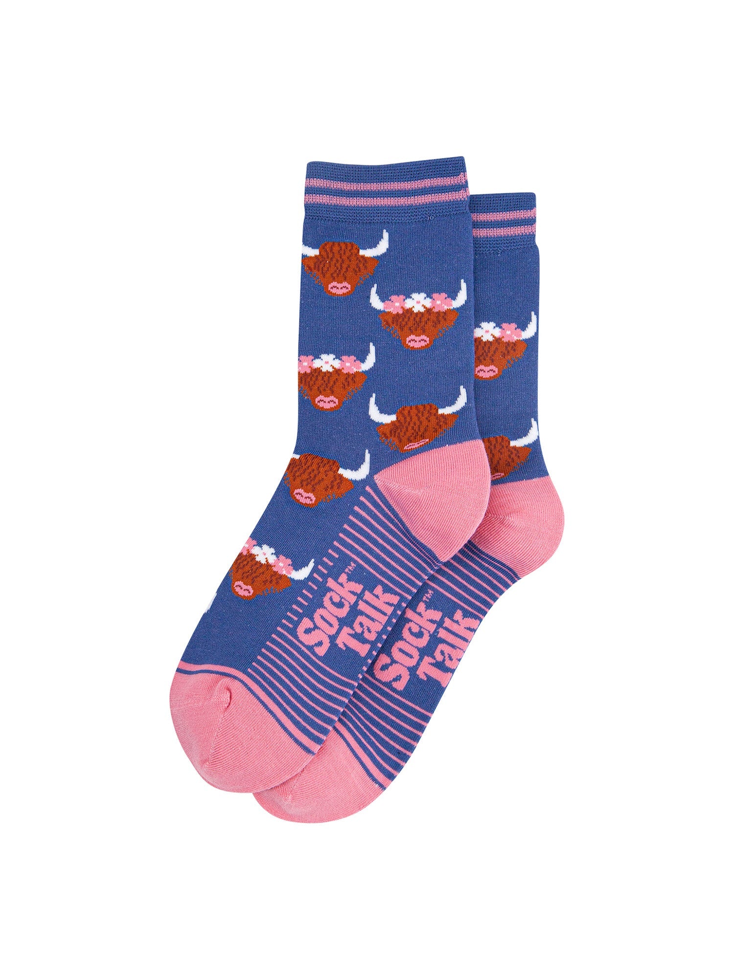 Floral-Crown-Highland-Cow-Bamboo-Socks-in-Blue-laid-flat