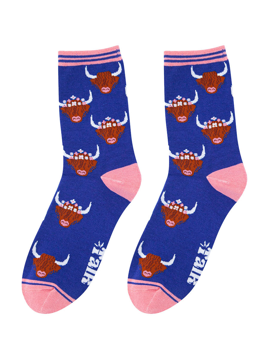 blue and pink ladies highland cow socks