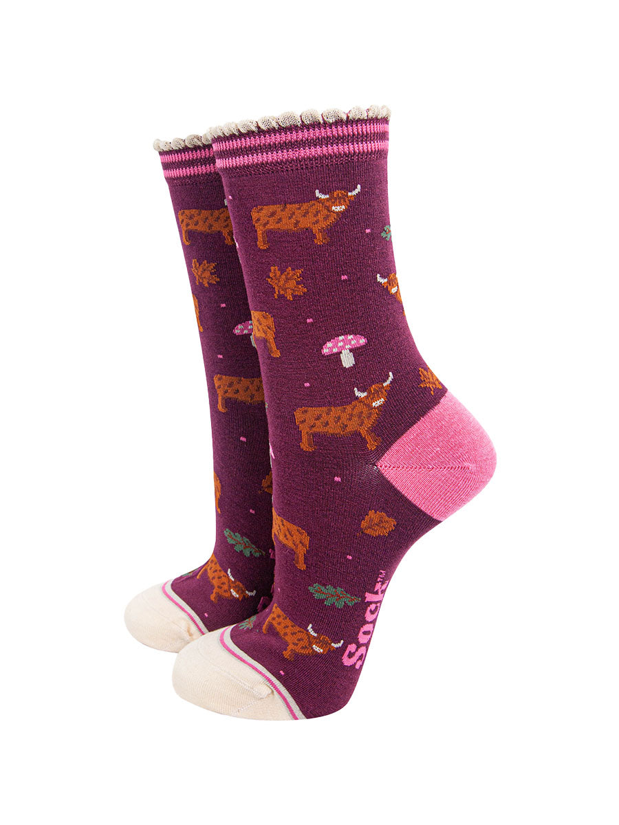 womens-bamboo-socks-berry-cream-highland-cow-toadstool-animals