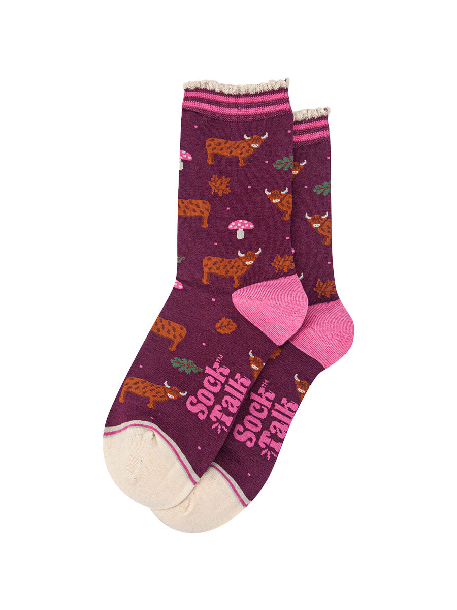 womens-bamboo-socks-berry-cream-highland-cow-toadstool-laying-flat