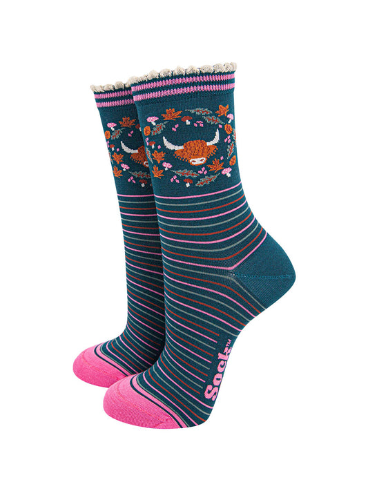 womens-bamboo-socks-forest-green-pink-highland-cow-floral-wreath-stripes