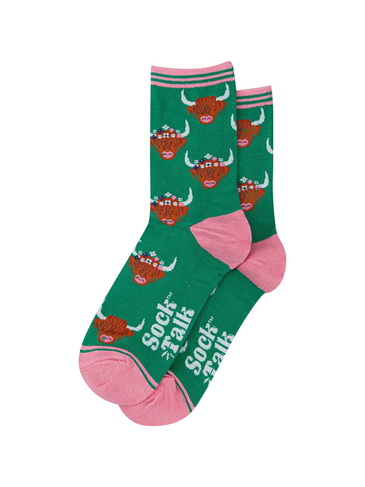 womens highland cattle socks in green and pink