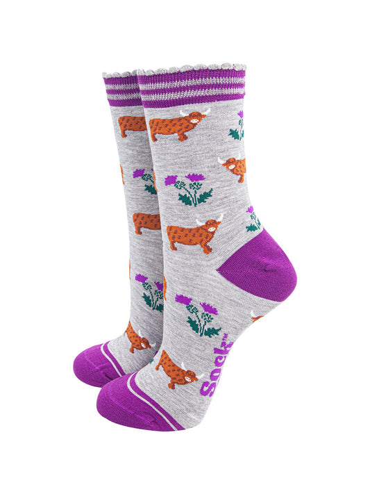 womens-bamboo-socks-light-grey-purple-highland-cow-thistles-scottish