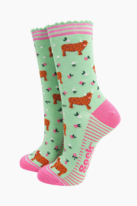 Women's Bamboo Socks - Green, Highland Cow Floral Meadow