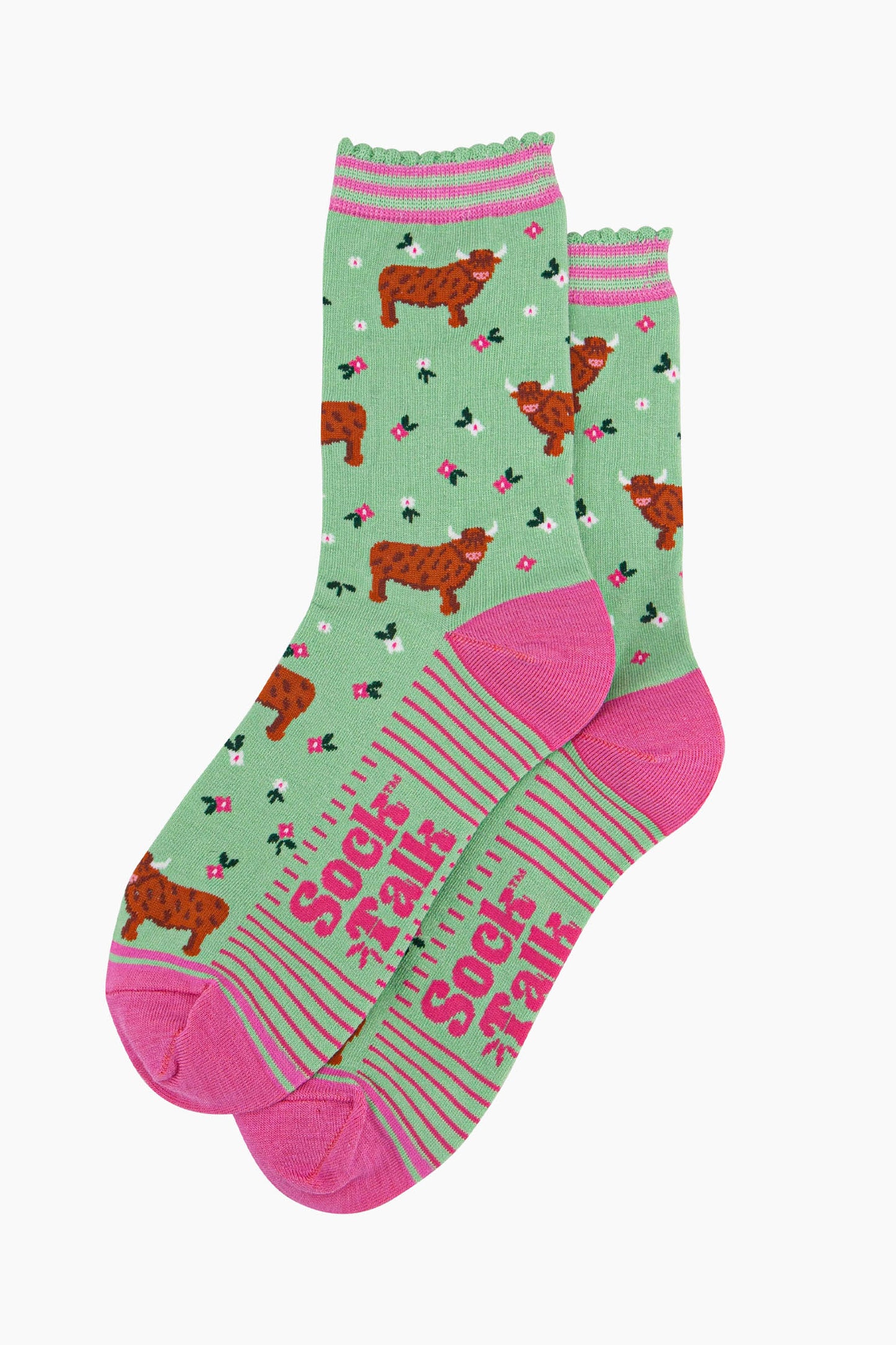 Women's Bamboo Socks - Green, Highland Cow Floral Meadow