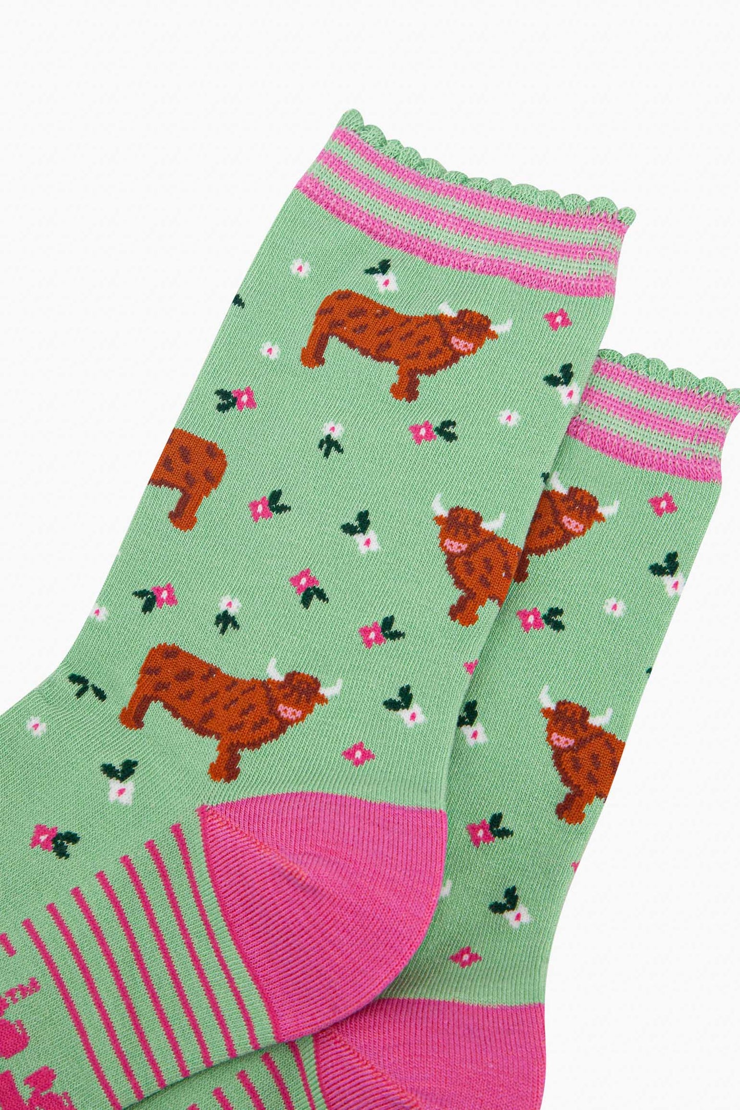 Women's Bamboo Socks - Green, Highland Cow Floral Meadow