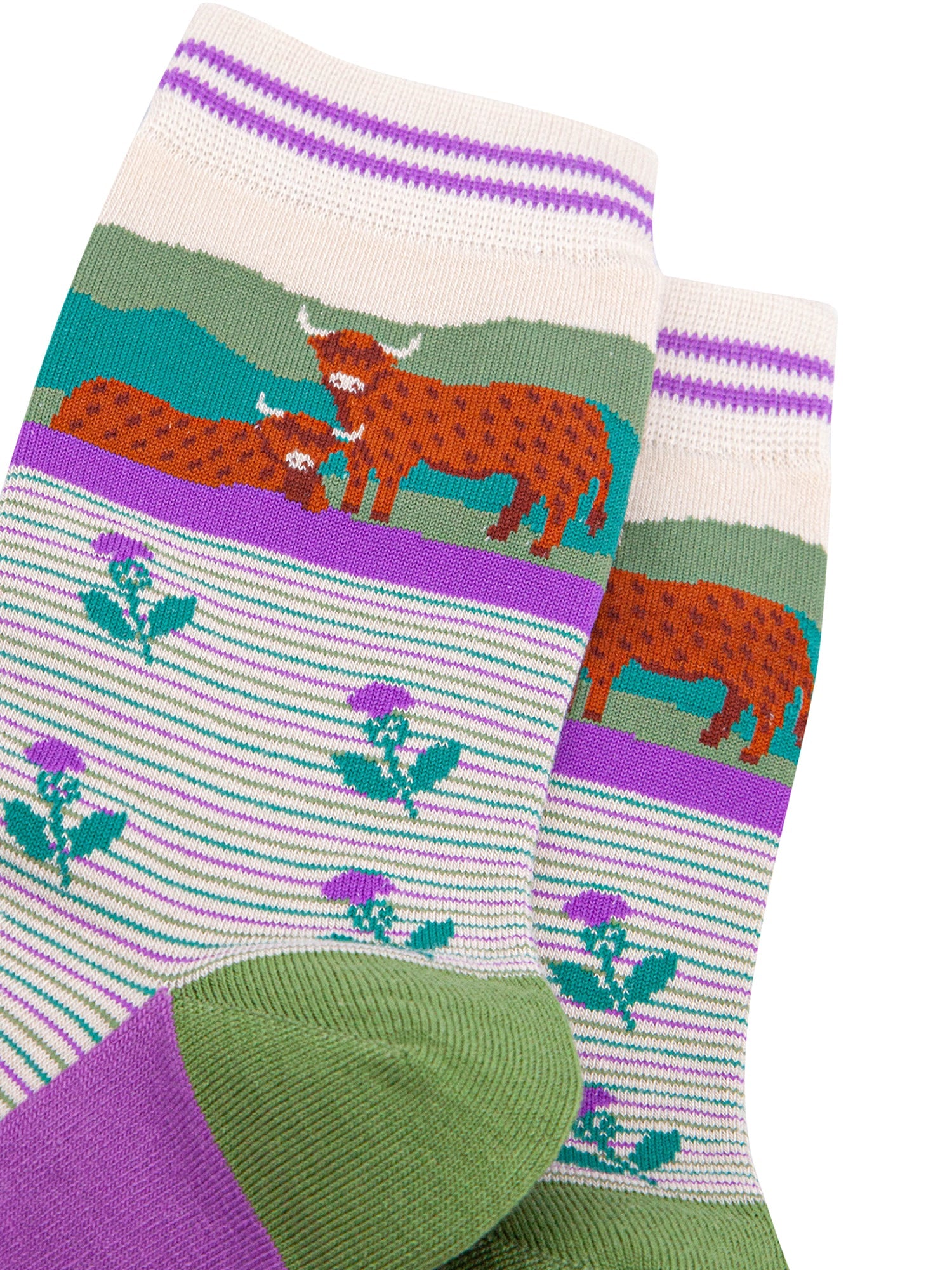 Highland-Cow-&-Thistles-Striped-Bamboo-Socsk-in-Cream-Closeup
