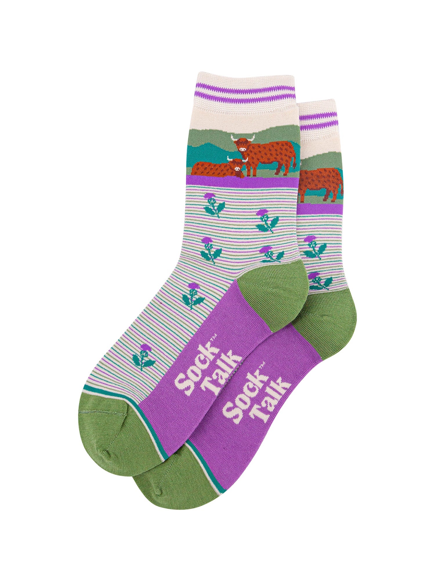 Highland-Cow-&-Thistles-Striped-Bamboo-Socsk-in-Cream-Lying-Flat