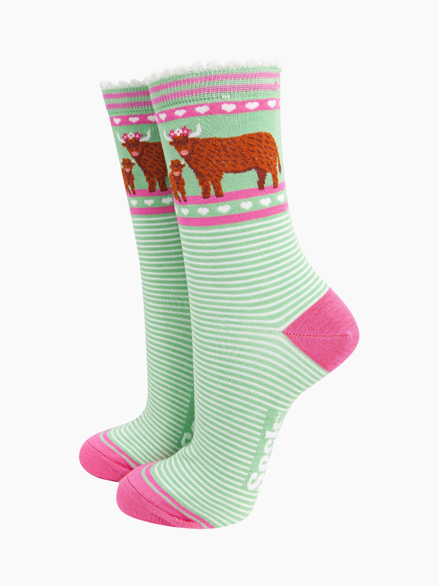womens-bamboo-socks-green-highland-cow-and-calf-stripes-floral-crowns