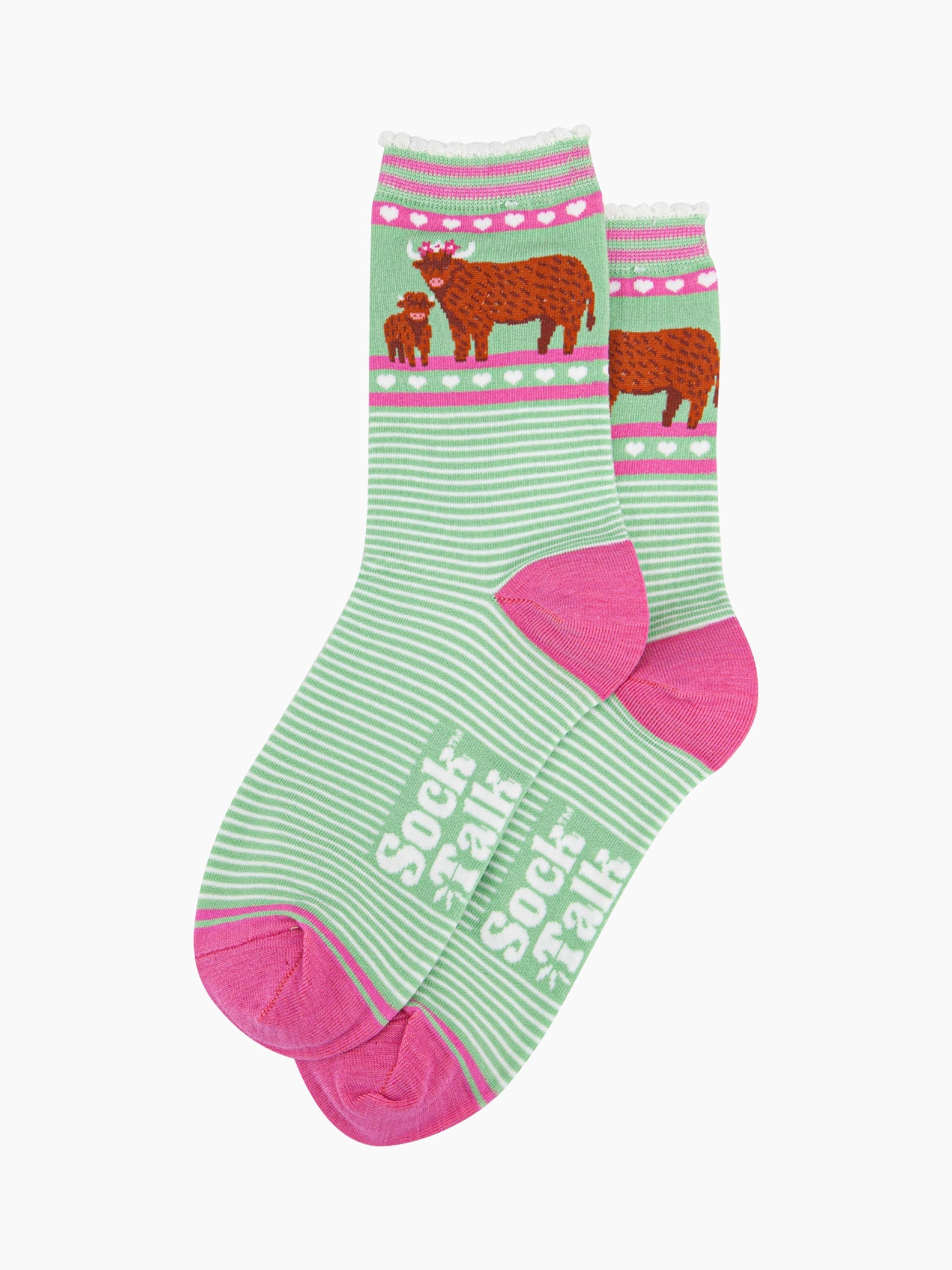womens-bamboo-socks-green-highland-cow-and-calf-laying-flat