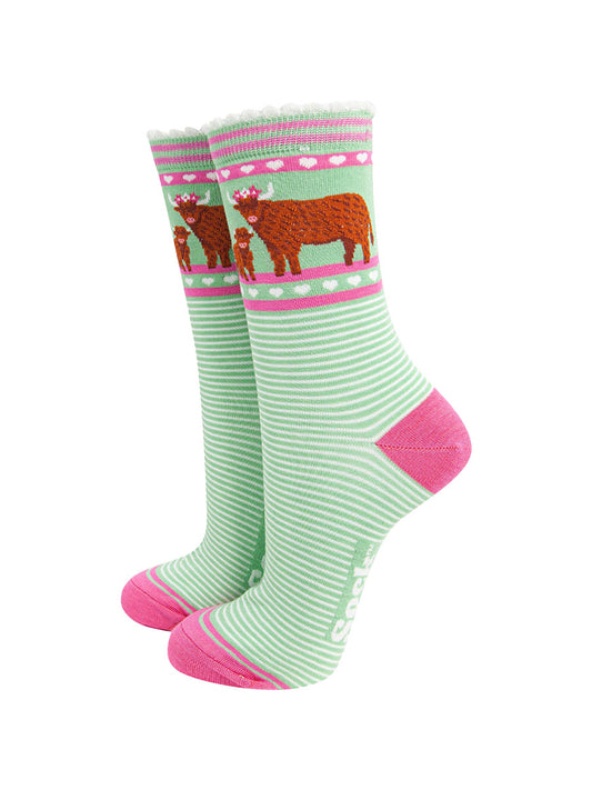 womens-bamboo-socks-green-highland-cow-and-calf-stripes-floral-crowns