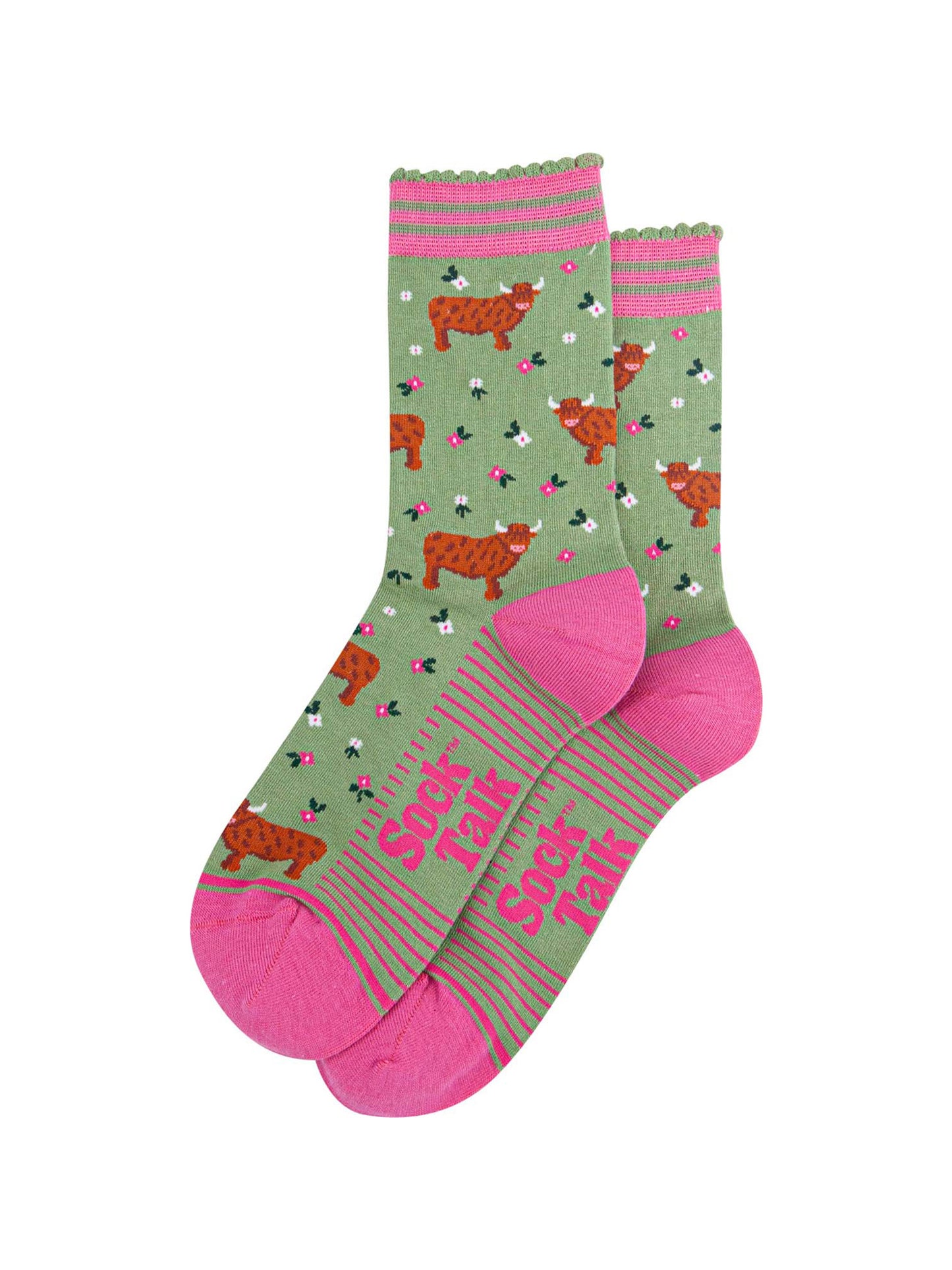 Highland Cow Summer Meadow Bamboo Socks in Mint