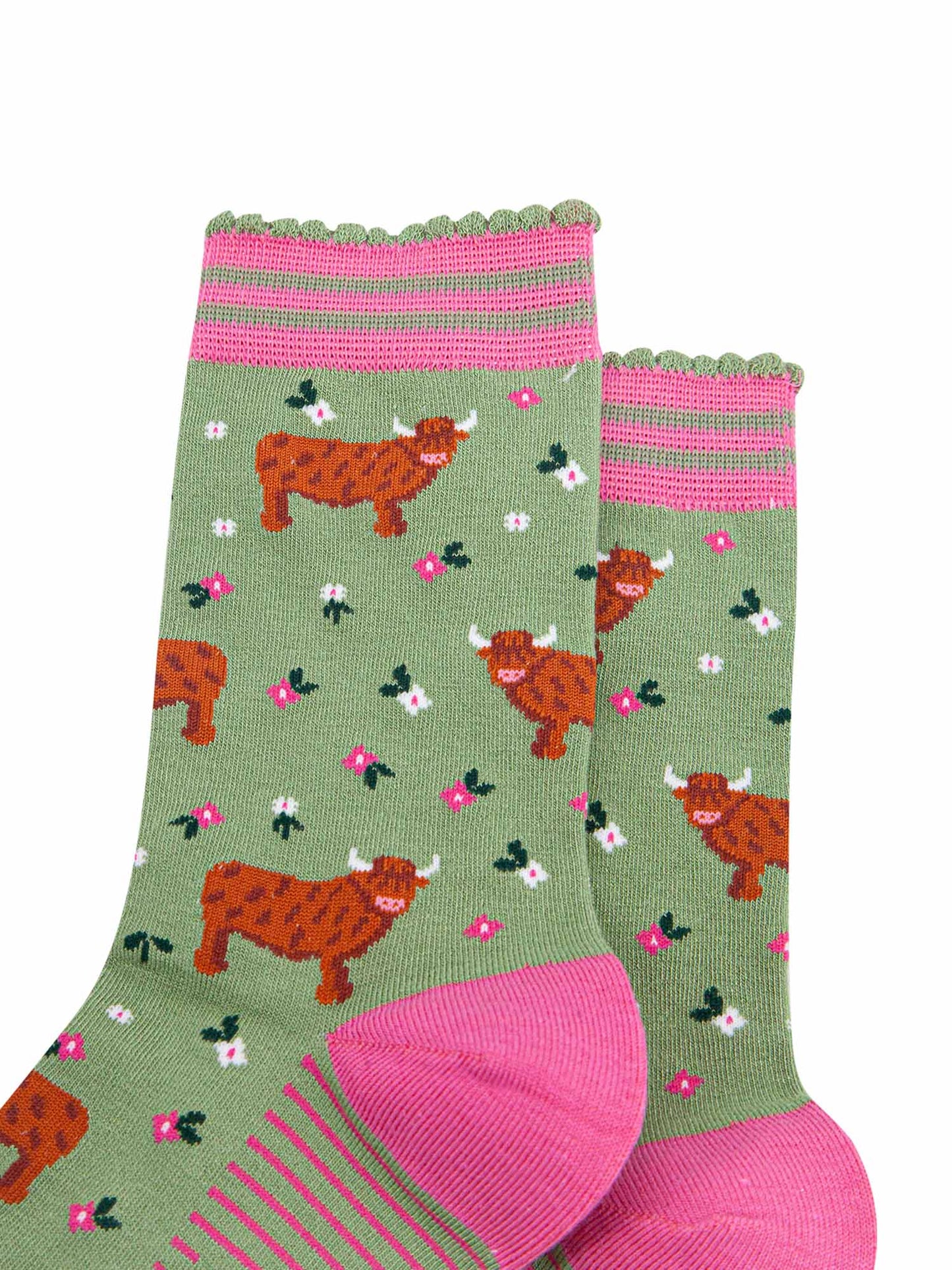 Highland Cow Summer Meadow Bamboo Socks in Mint