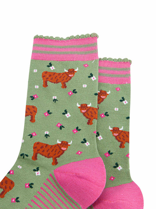 Highland Cow Summer Meadow Bamboo Socks in Mint