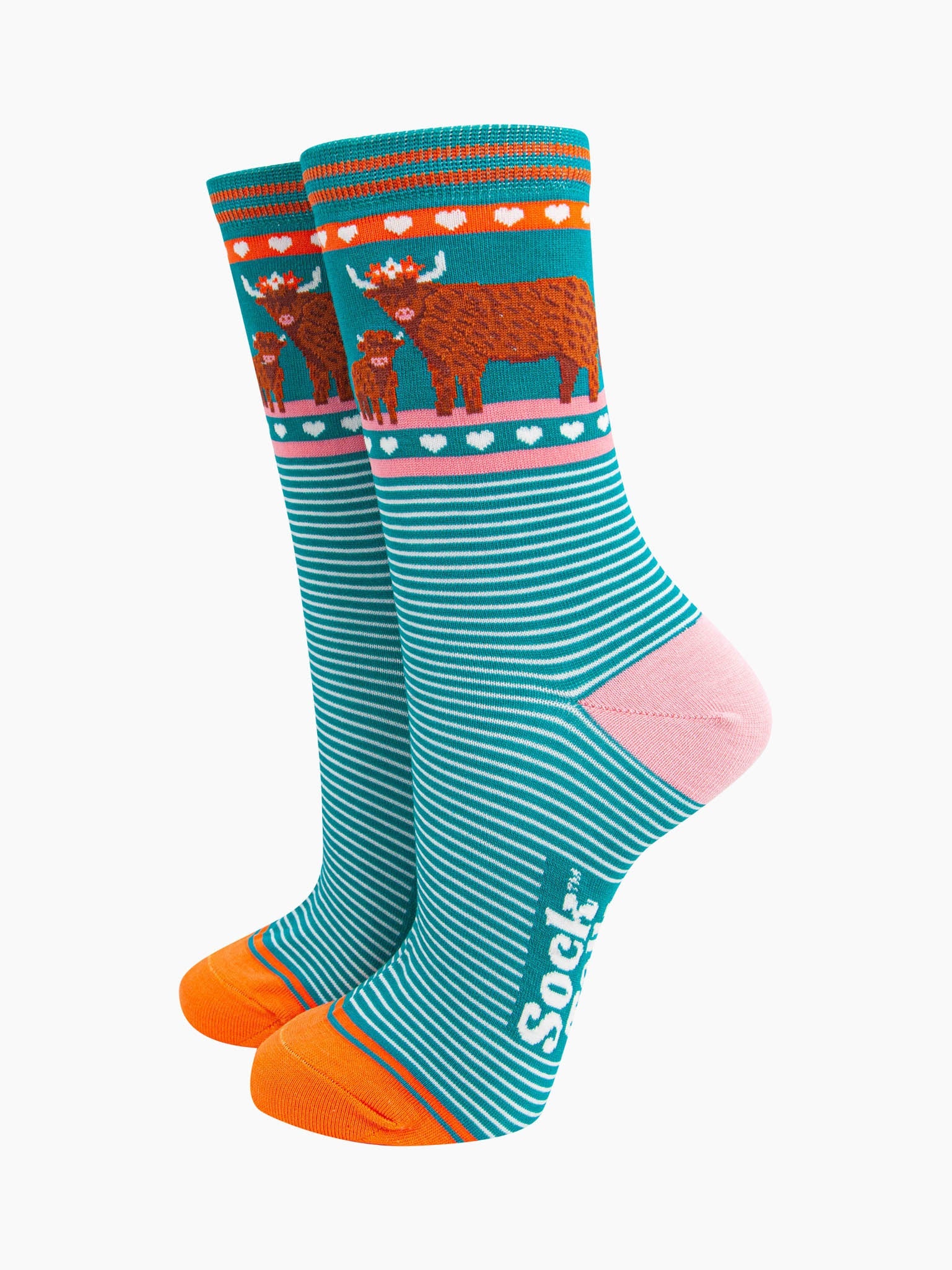 womens-bamboo-socks-teal-highland-cow-and-calf-front-view-stripes-love-hearts-animals