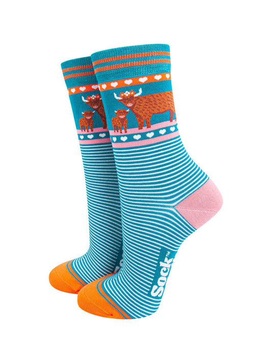 womens-bamboo-socks-teal-highland-cow-and-calf-front-view-stripes-love-hearts-animals