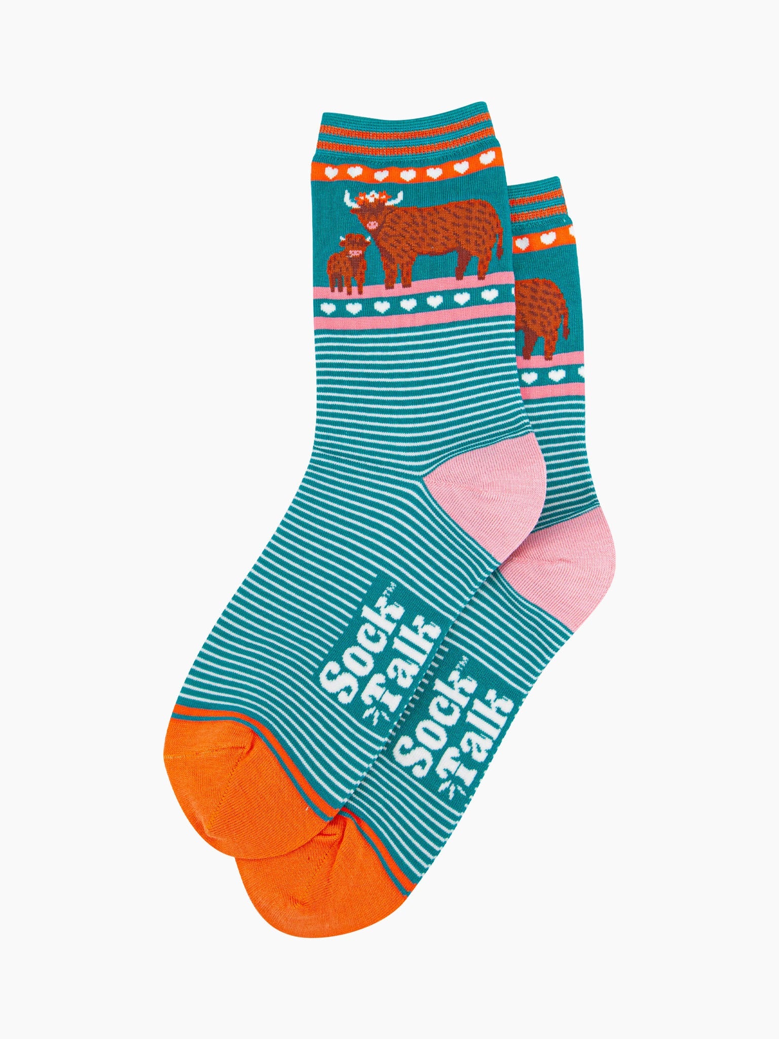 womens-bamboo-socks-teal-highland-cow-and-calf-laying-flat-mother-baby-cows