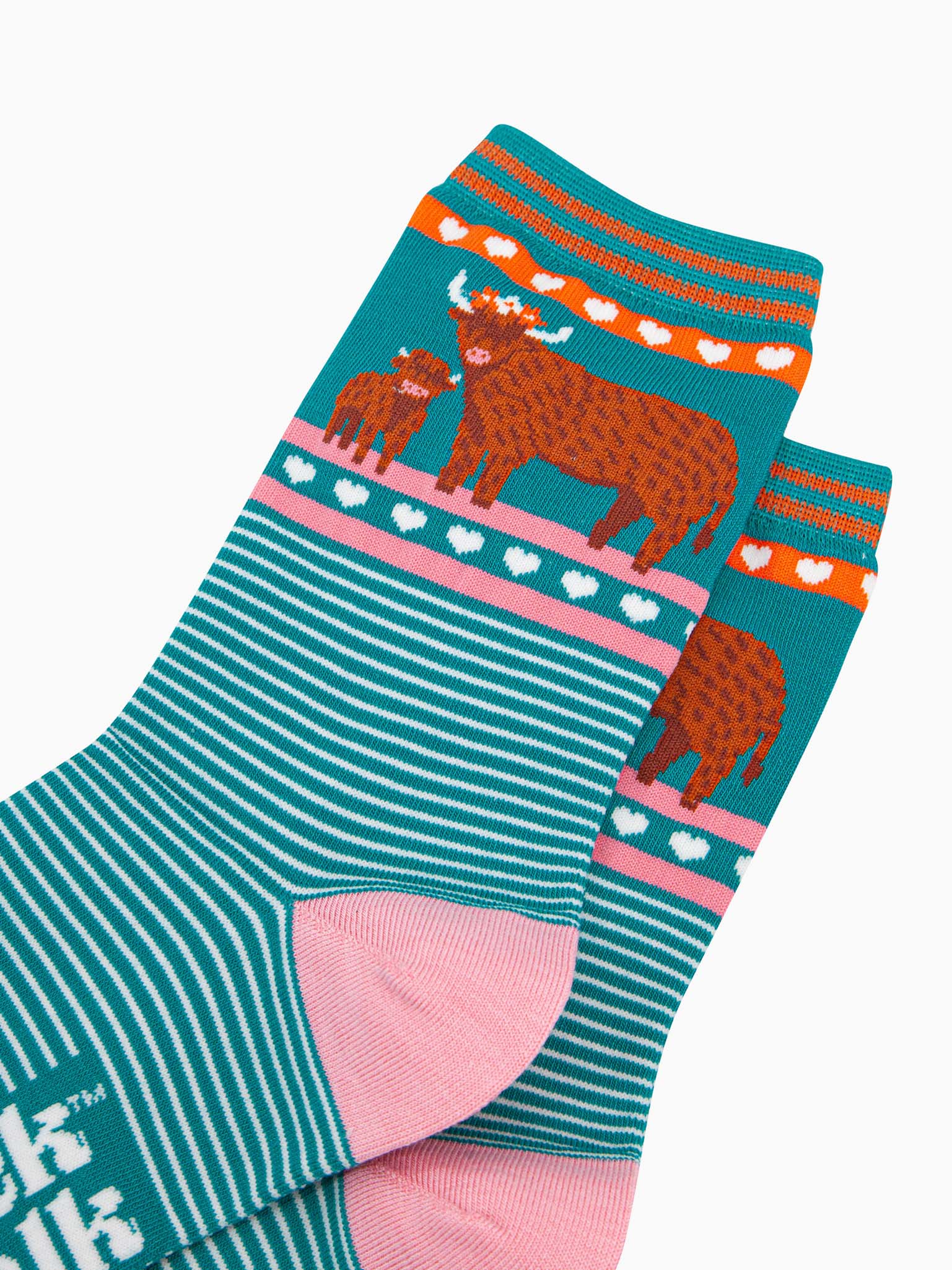 womens-bamboo-socks-teal-highland-cow-and-calf-close-up-brown-coos-wearing-floral-crowns-mother-baby