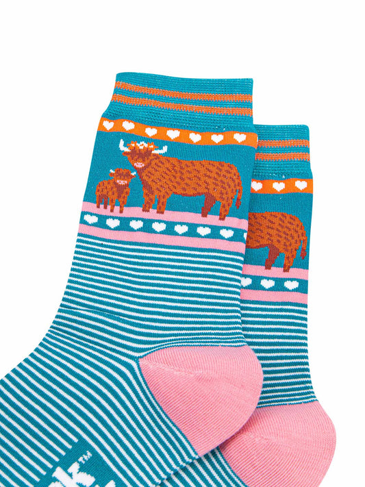 womens-bamboo-socks-teal-highland-cow-and-calf-close-up-brown-coos-wearing-floral-crowns-mother-baby